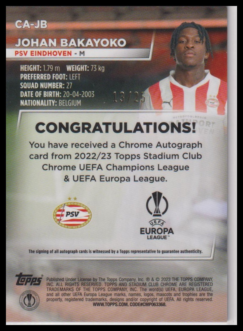 2022 Stadium Club Chrome UEFA Johan Bakayoko Auto Orange Prism Refractor #/25